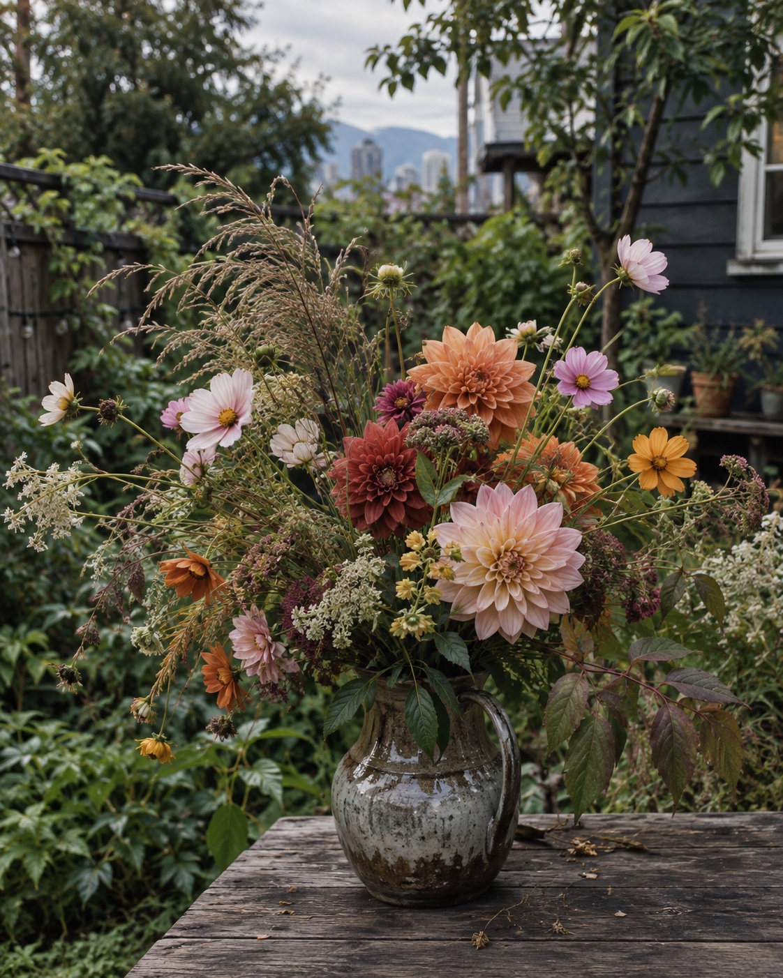 Abundant seasonal flowers arranged in a relaxed, sculptural style