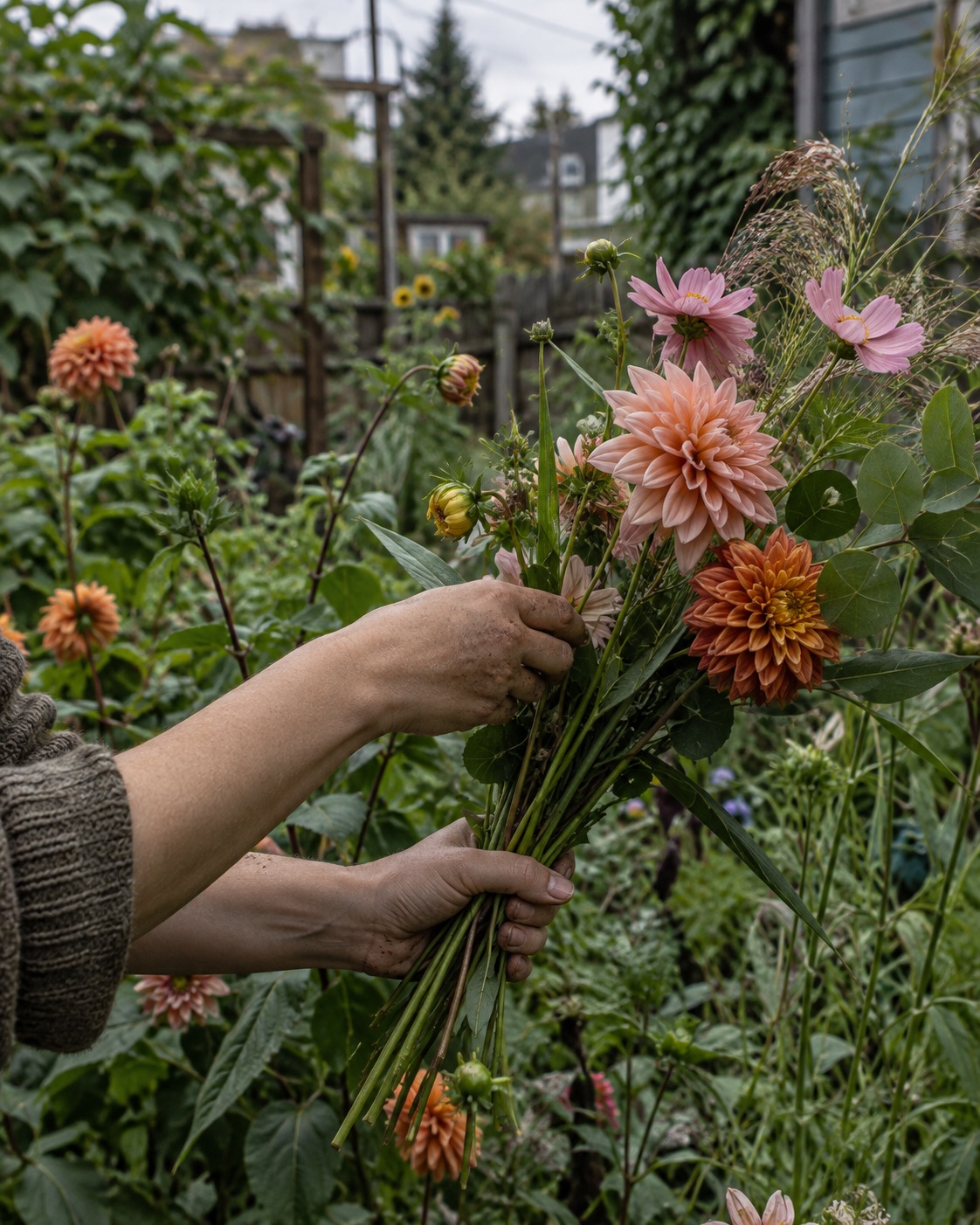 Hands gathering garden flowers and foliage outdoors